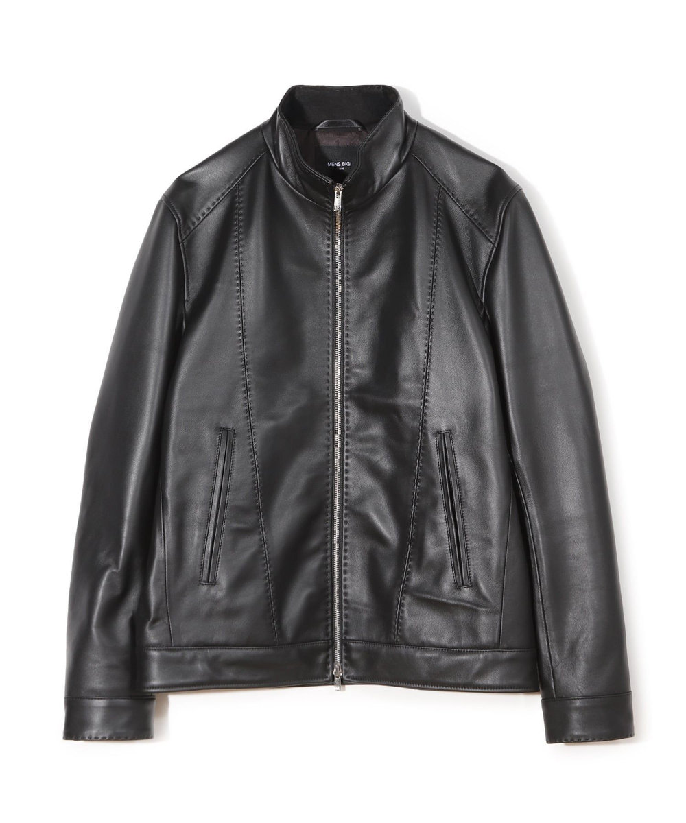 MEN'S BIGI スタンドカラーシングルライダース シープレザージャケット ブラック