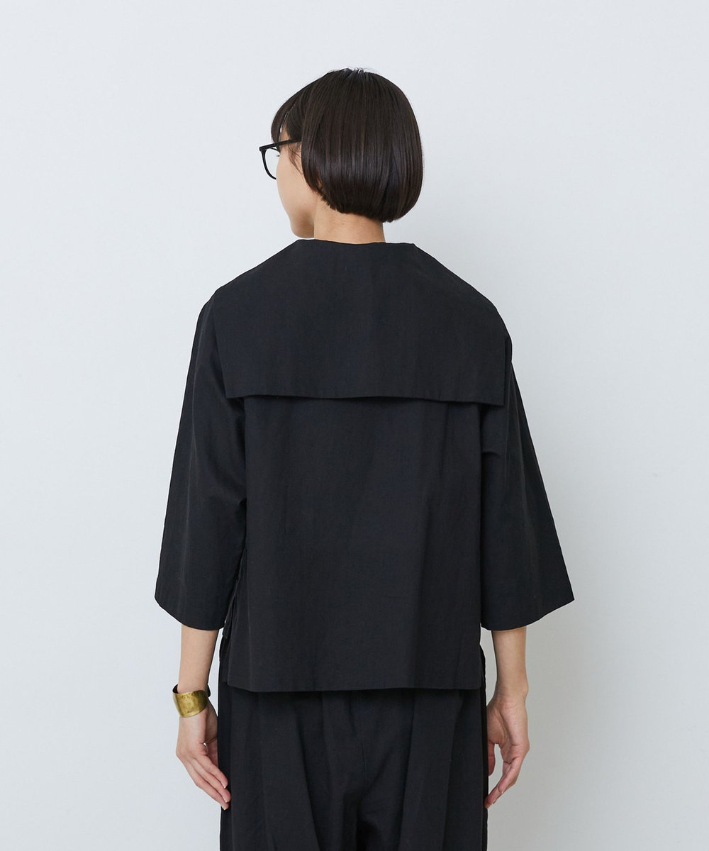 LOISIR コットンリネンクロス刺繍入りセーラーカラーブラウス ブラック
