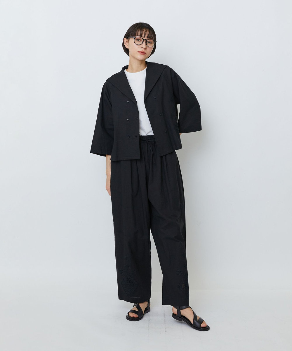 LOISIR コットンリネンクロス刺繍入りセーラーカラーブラウス ブラック