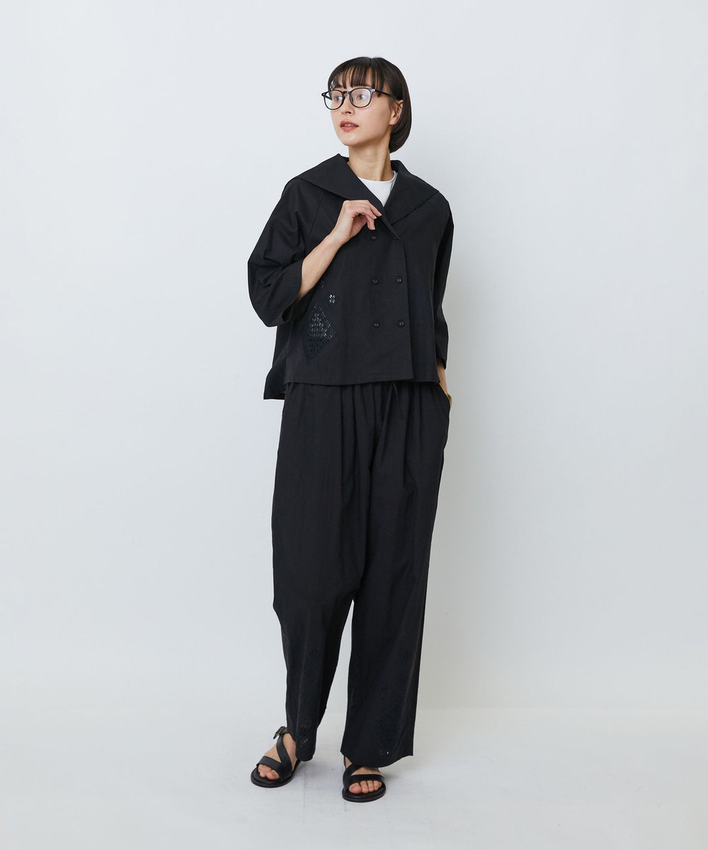 LOISIR コットンリネンクロス刺繍入りセーラーカラーブラウス ブラック