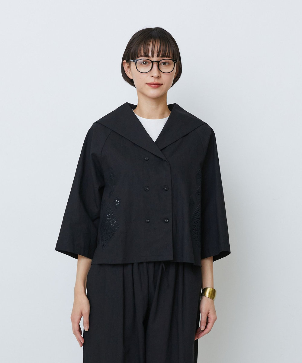LOISIR コットンリネンクロス刺繍入りセーラーカラーブラウス ブラック