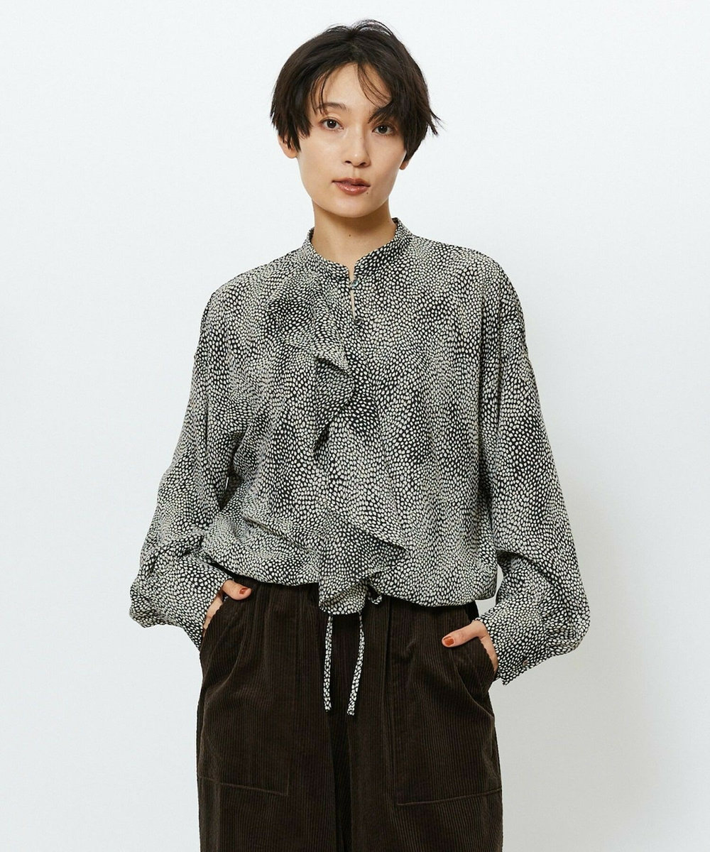 feerique feerique ジョーゼットプリントフリルブラウス ブラック