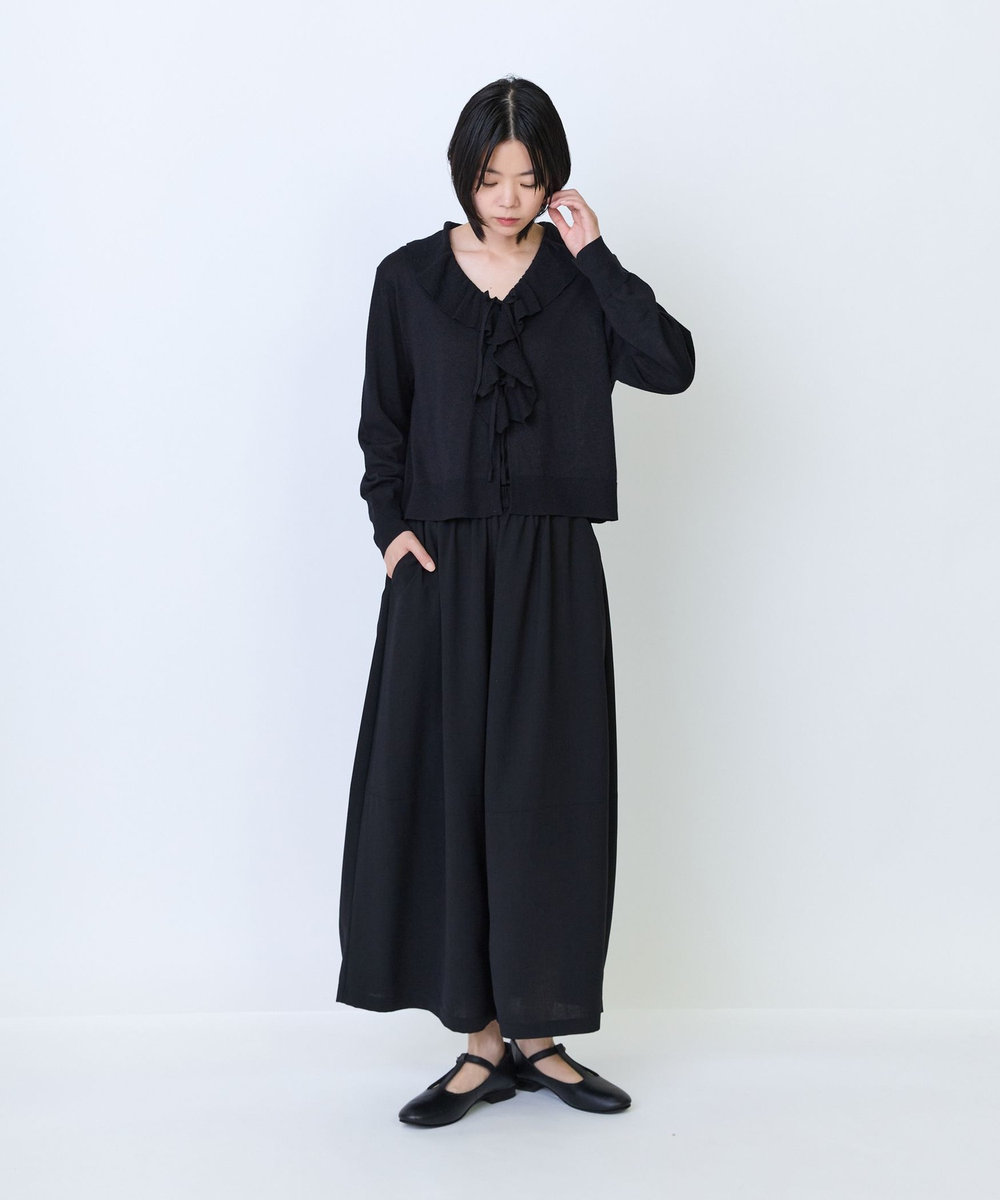 LOISIR 和紙コットン天竺フリルディテールカーディガン ブラック