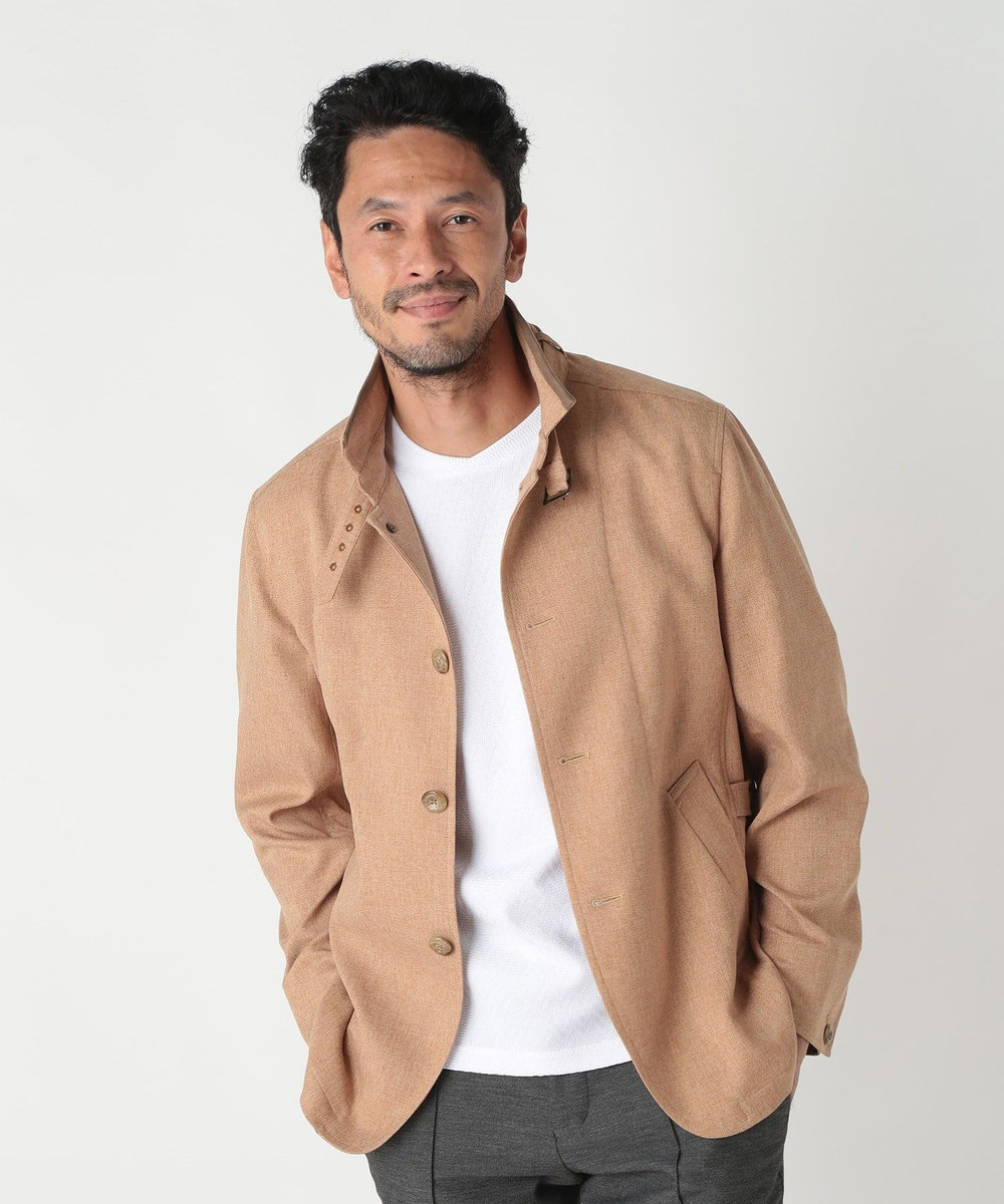 MEN'S BIGI リネンツイード調ポリエステルスタンドカラーブルゾン ブラウン