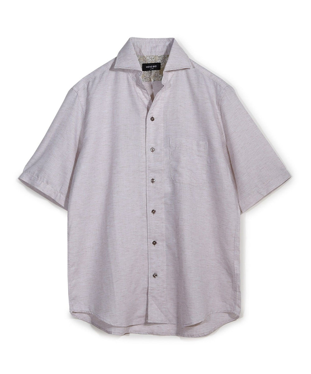 MEN'S BIGI ヘリンボーンワンピースカラーハーフスリーブシャツ ベージュ