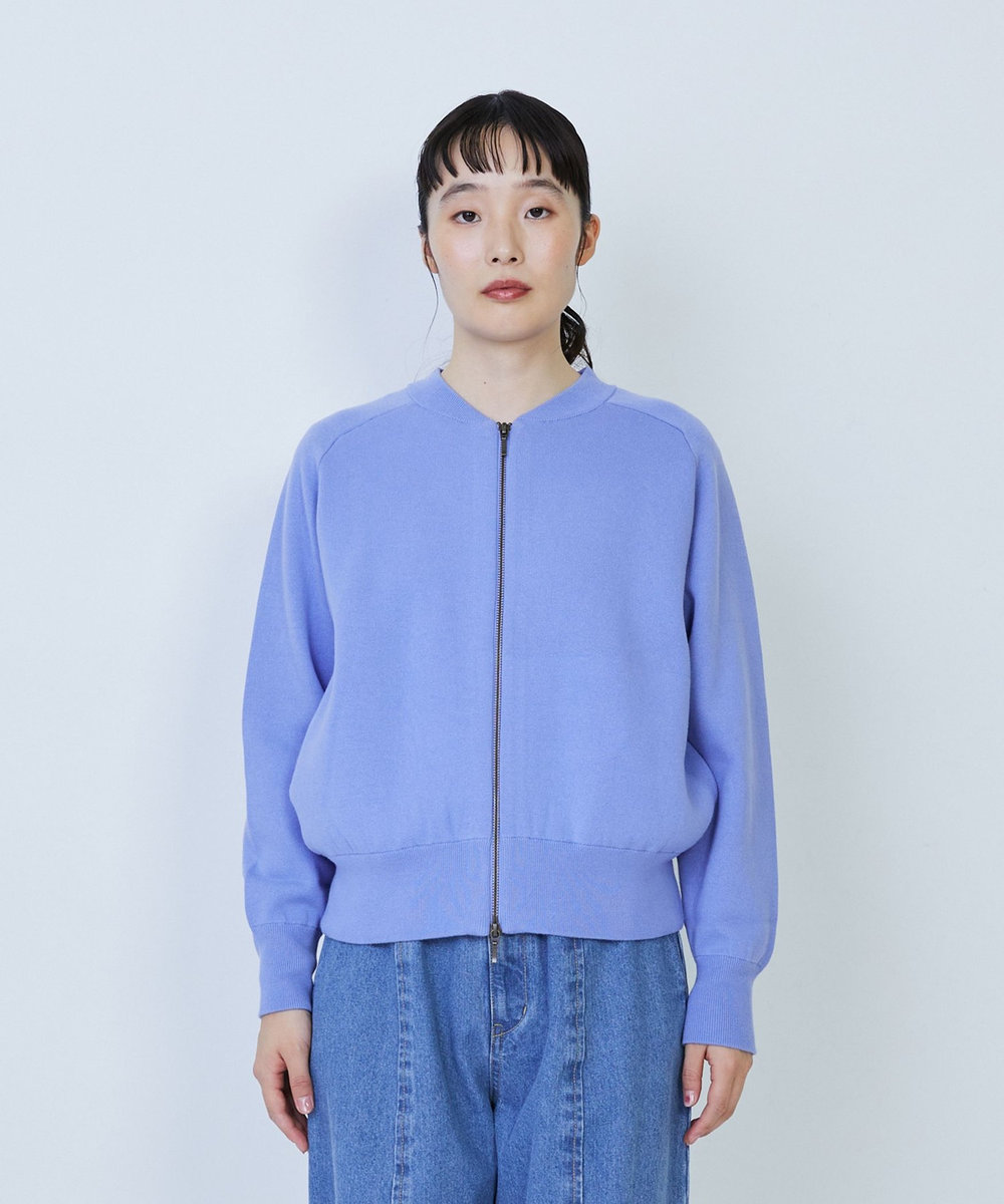 LOISIR コットン接結編みニットブルゾン ブルー