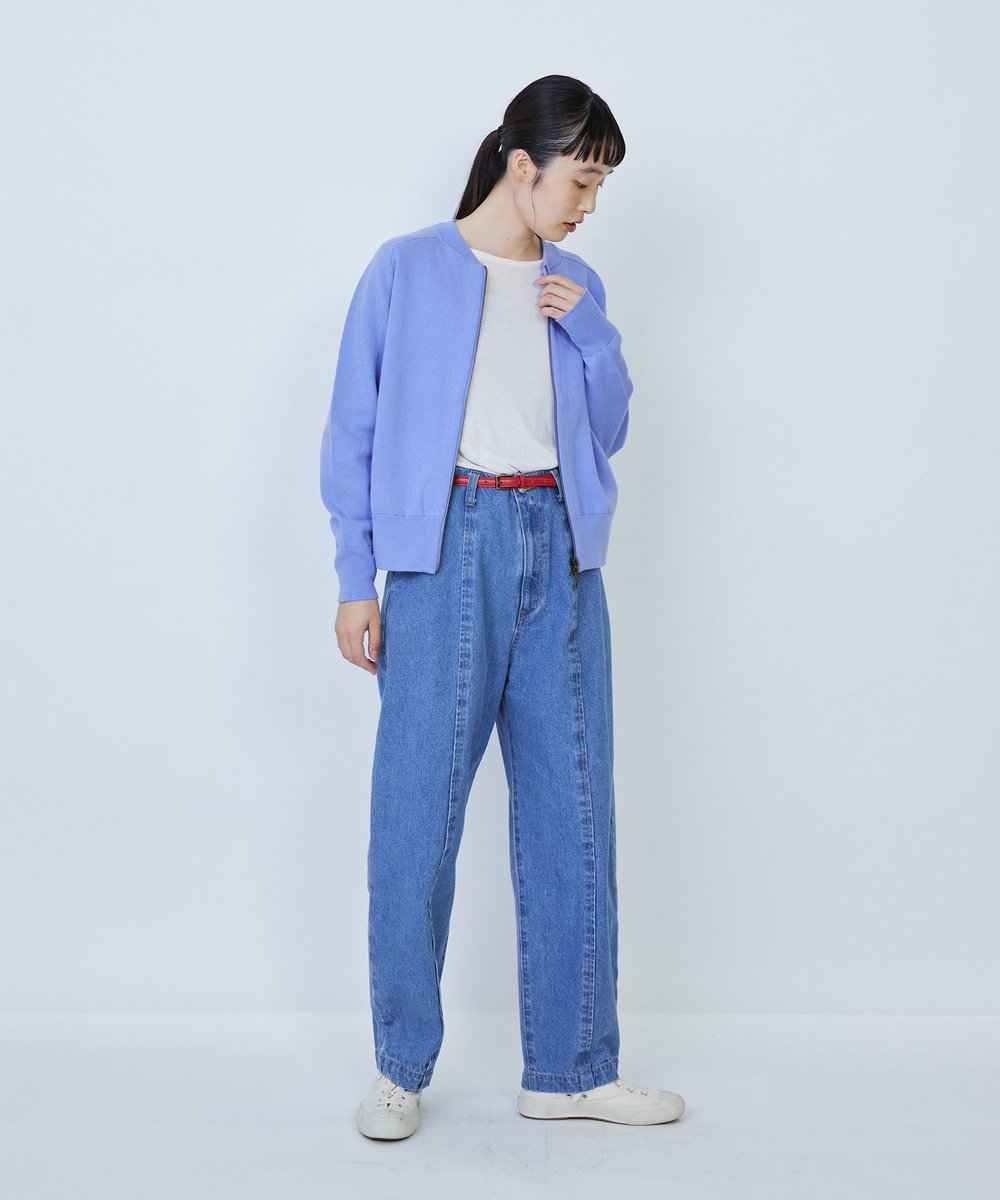 LOISIR コットン接結編みニットブルゾン ブルー
