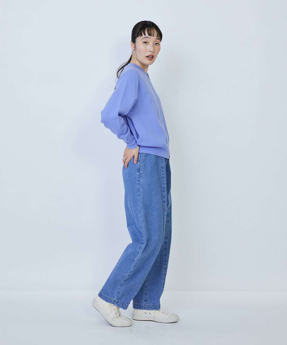 LOISIR コットン接結編みニットブルゾン ブルー