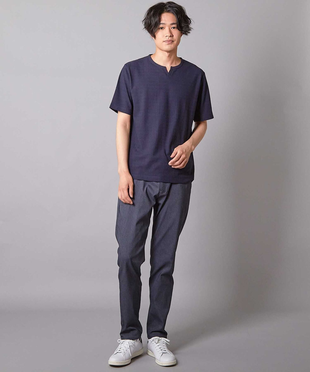 UNION STATION リンクスジャガード キーネックTシャツ ネイビー