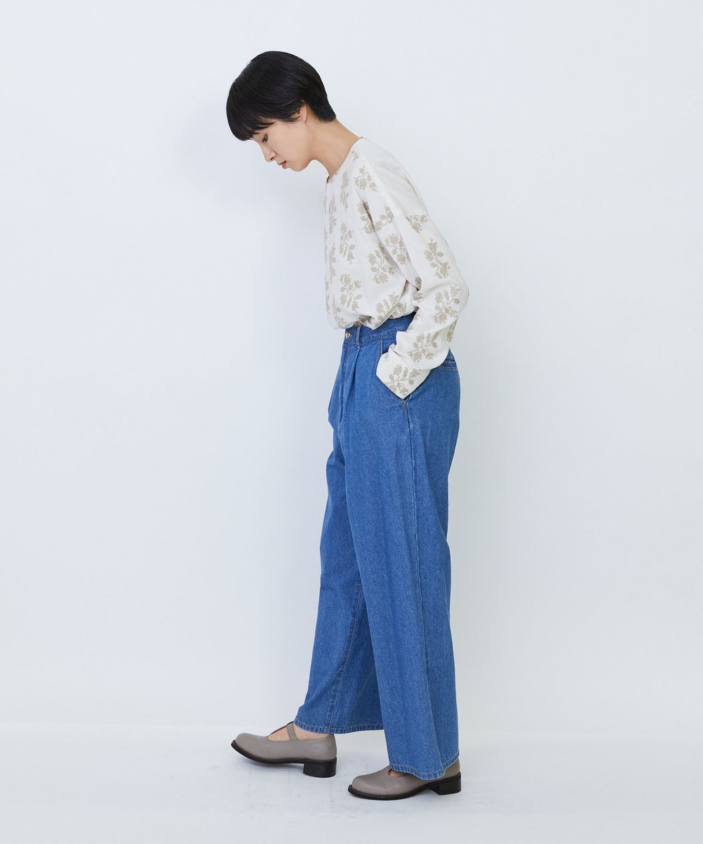 LOISIR 【MTサイズ有り】綿麻ライトデニムワイドパンツ ライトインディゴブルー