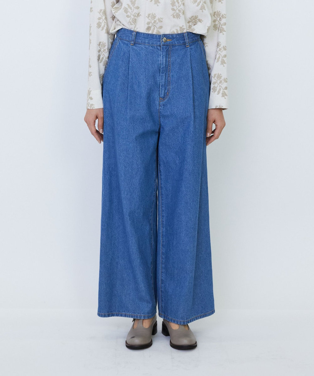 LOISIR 【MTサイズ有り】綿麻ライトデニムワイドパンツ ライトインディゴブルー