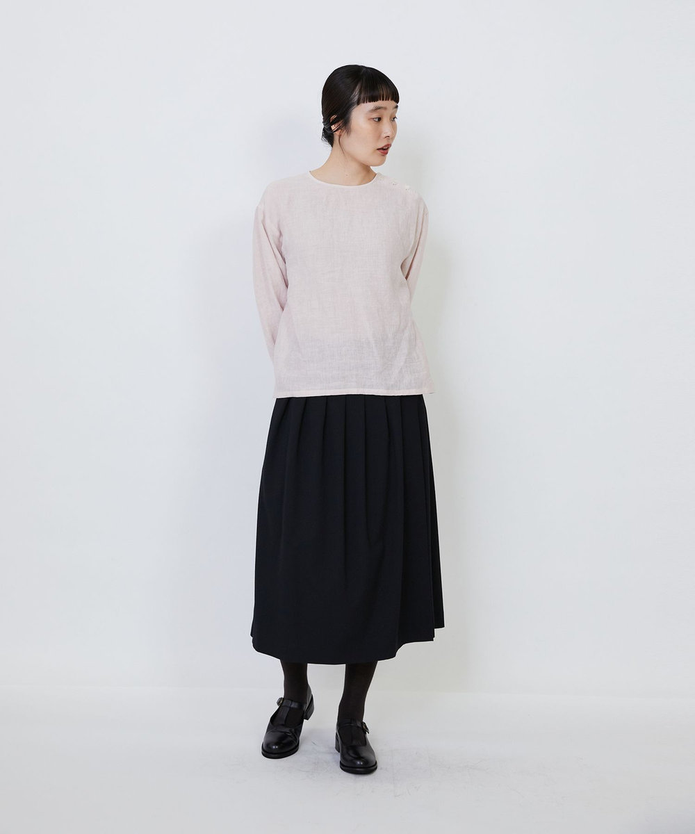 LOISIR グランジリネン肩ボタンショートブラウス ピンク