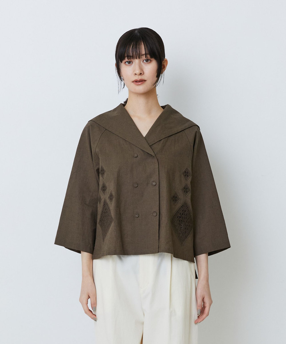 LOISIR コットンリネンクロス刺繍入りセーラーカラーブラウス カーキ