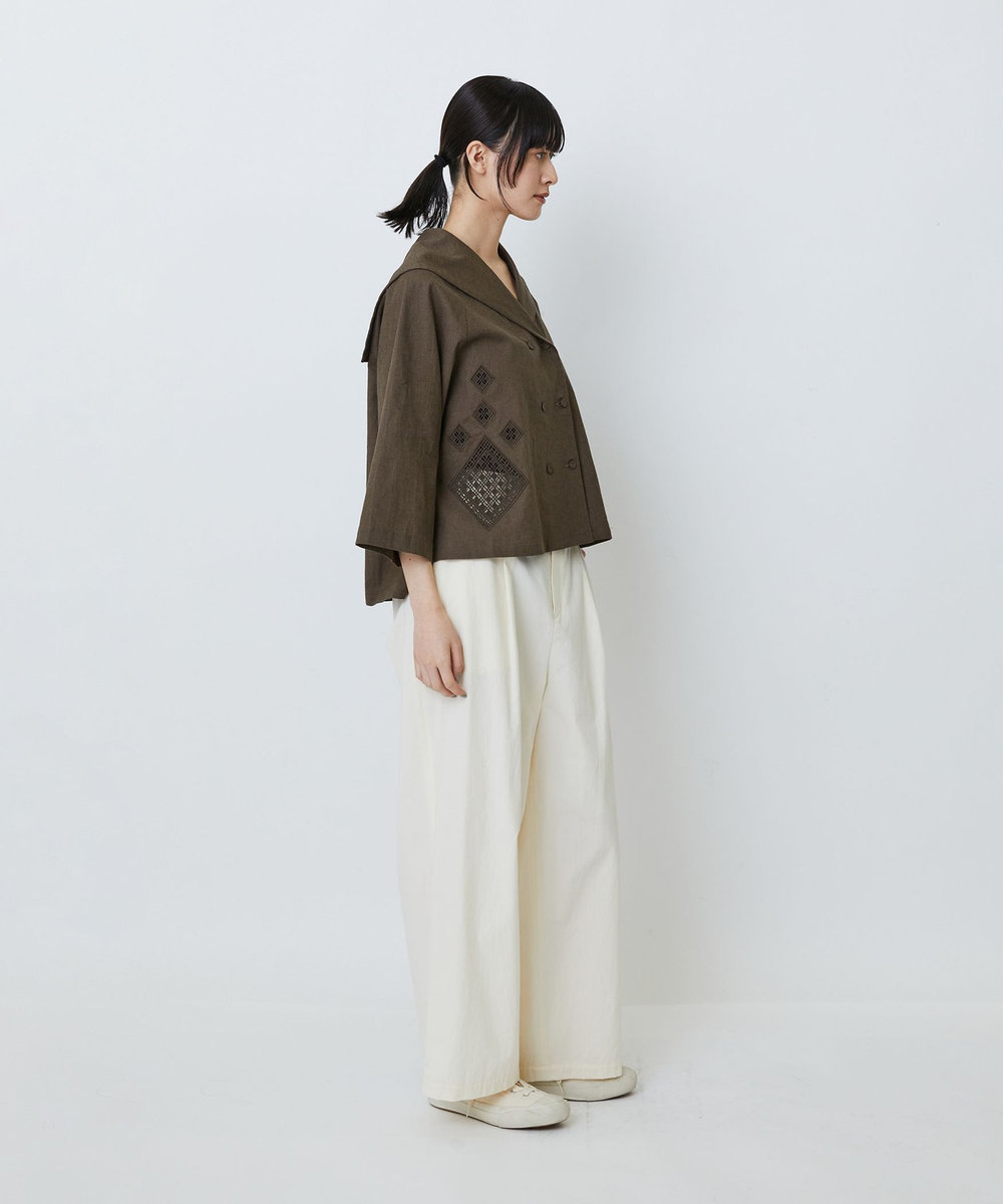 LOISIR コットンリネンクロス刺繍入りセーラーカラーブラウス カーキ