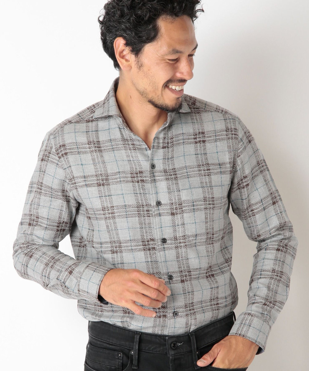MEN'S BIGI カスレチェックジャガードカッタウェイスキッパーシャツ グレー系その他