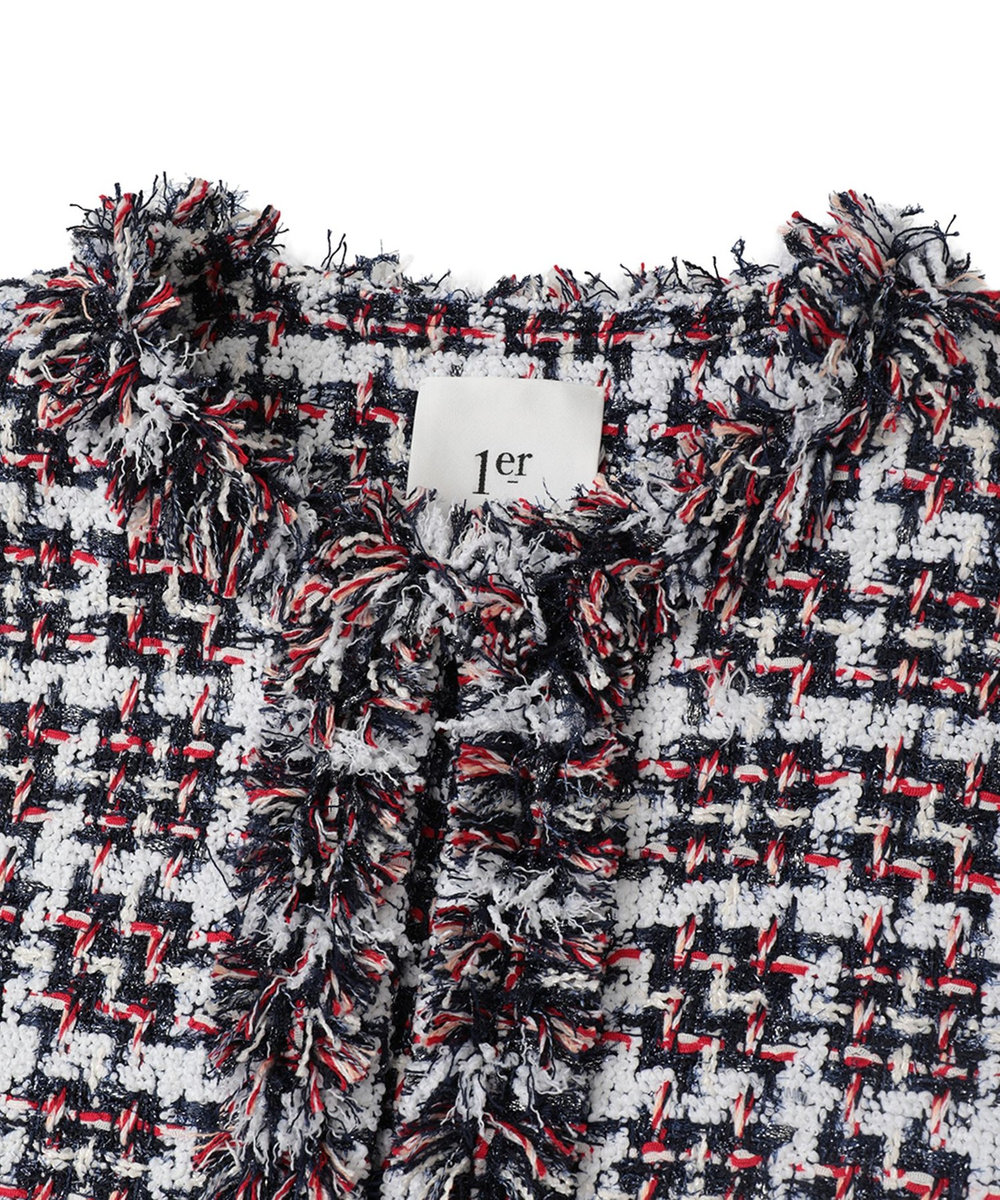 1er Arrondissement TORNIERフリンジツイードジャケット ネイビー
