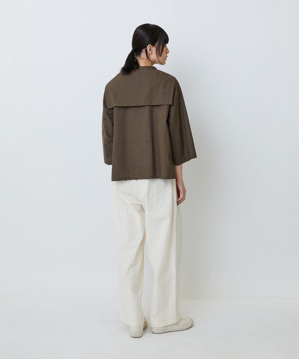 LOISIR コットンリネンクロス刺繍入りセーラーカラーブラウス カーキ