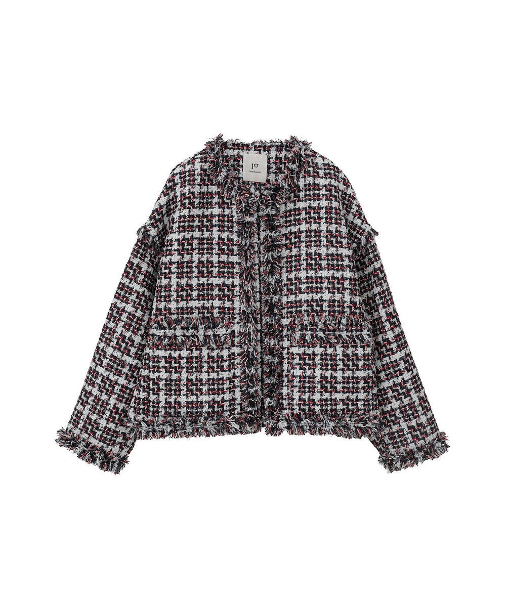 1er Arrondissement TORNIERフリンジツイードジャケット ネイビー
