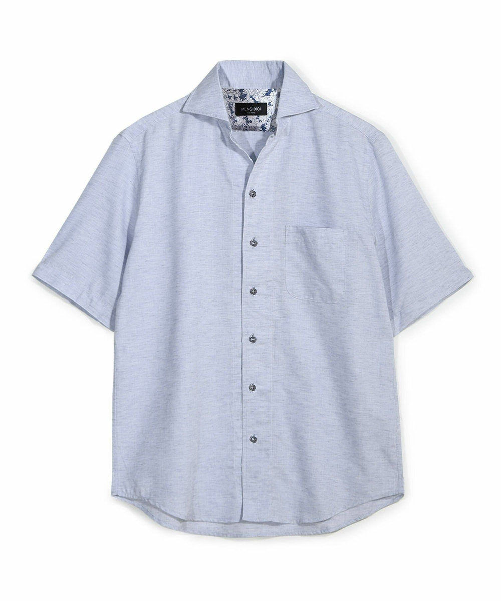MEN'S BIGI ヘリンボーンワンピースカラーハーフスリーブシャツ ネイビー