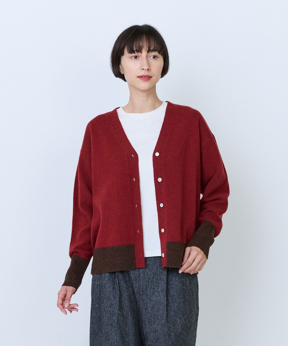 LOISIR ウール天竺配色カーディガン レッド