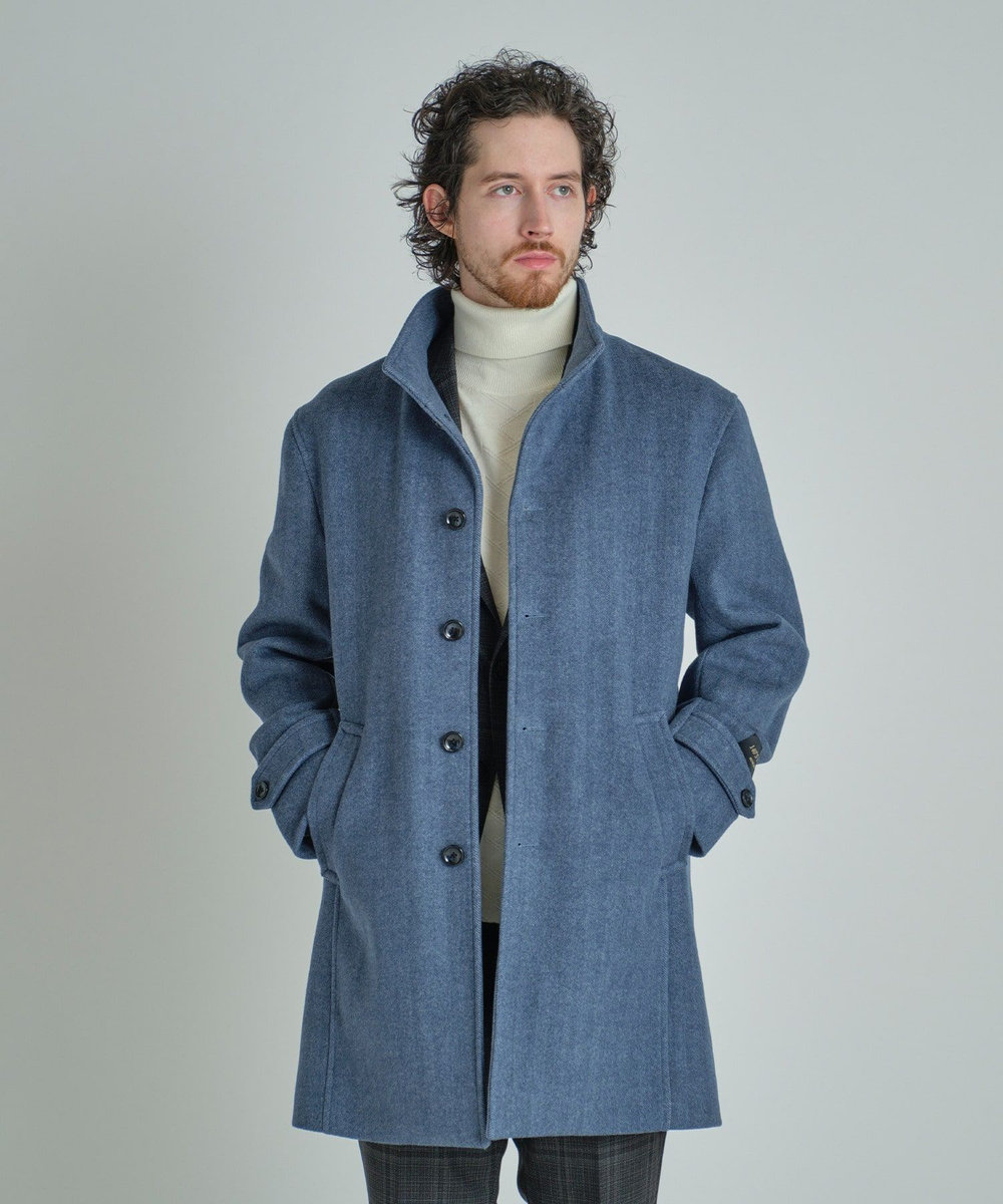 MEN'S BIGI スーパー140ウールビーバーヘリンボーンスタンドカラーコート ブルー