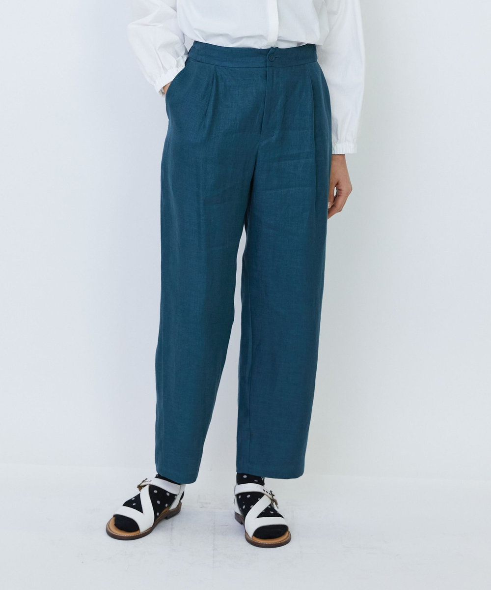 LOISIR リネンツイルアジャスター付きテーパードパンツ グリーン