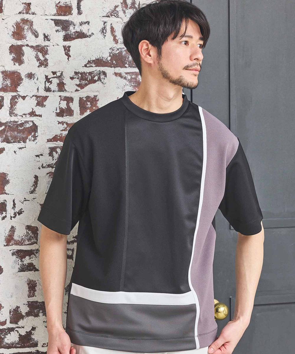 UNION STATION ポンチ×梨地Wフェイス切替Tシャツ ブラック