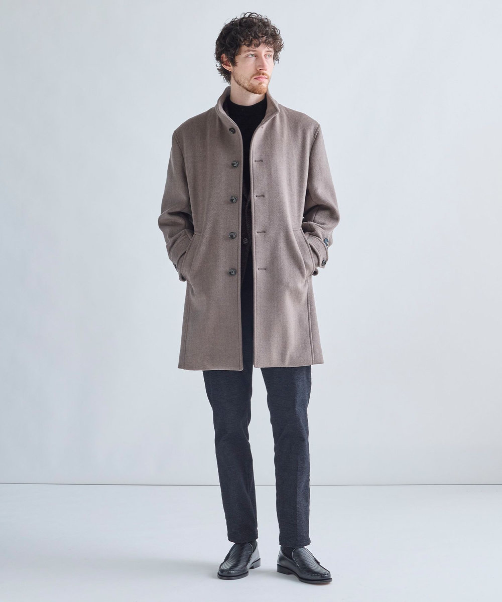 MEN'S BIGI スーパー140ウールビーバーヘリンボーンスタンドカラーコート ベージュ