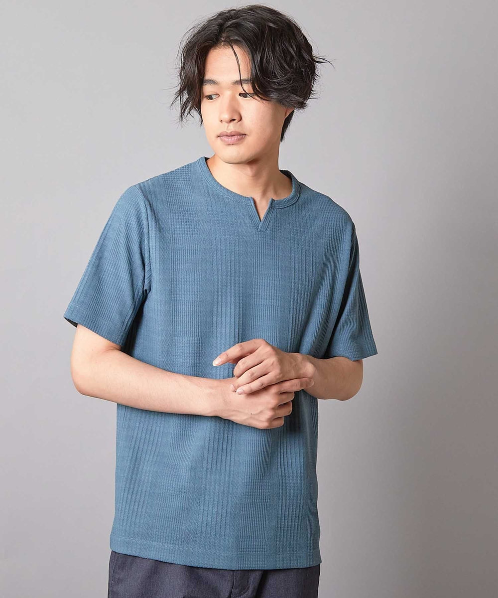 UNION STATION リンクスジャガード キーネックTシャツ ブルー