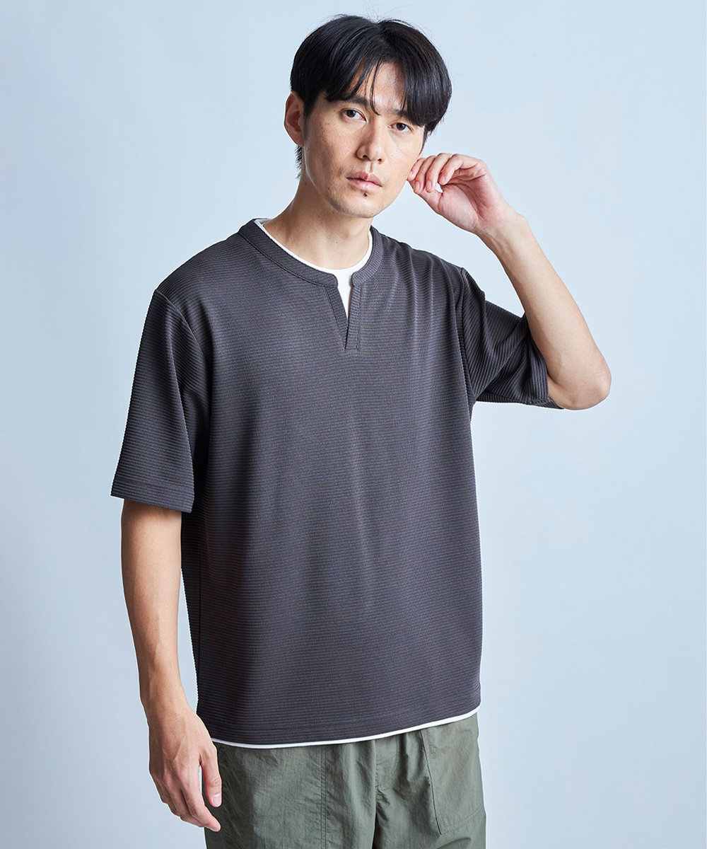 UNION STATION 	ミニワッフルキーネックレイヤードTシャツ チャコールグレー