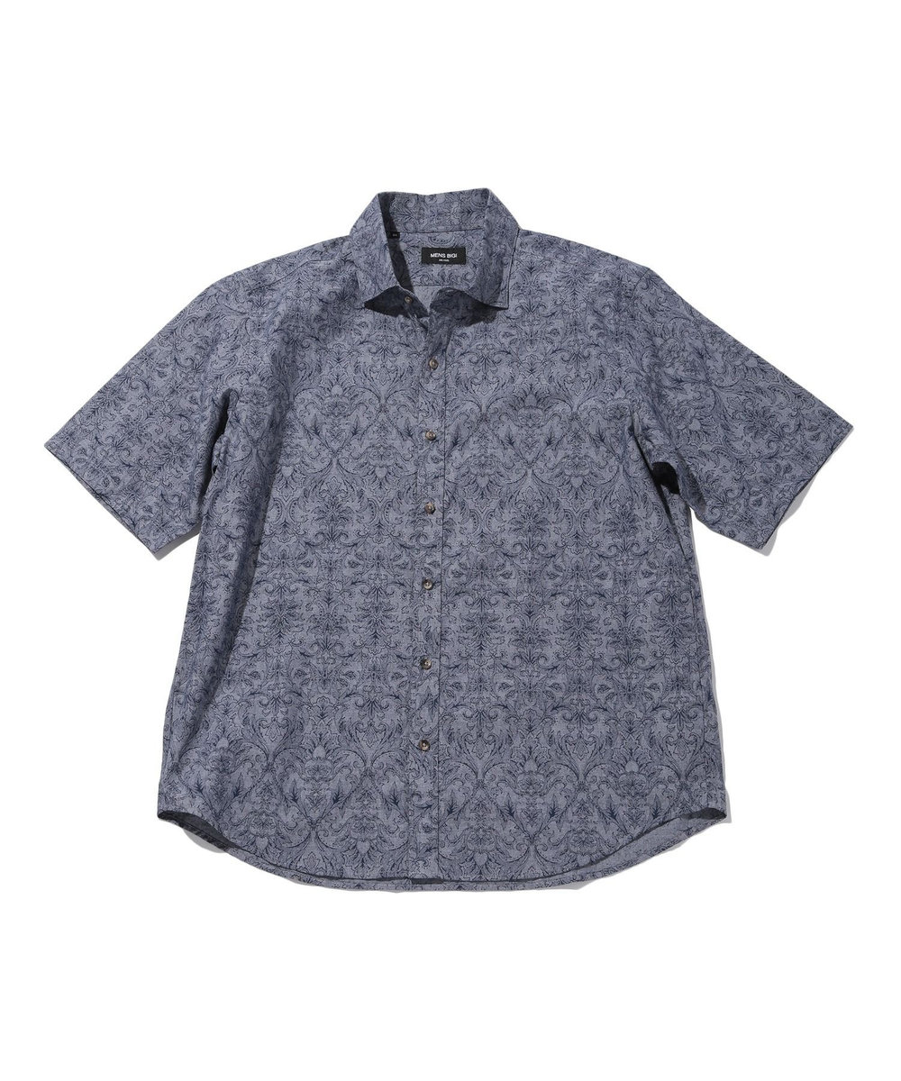MEN'S BIGI コットンダンガリーエスニックプリント半袖シャツ ネイビー