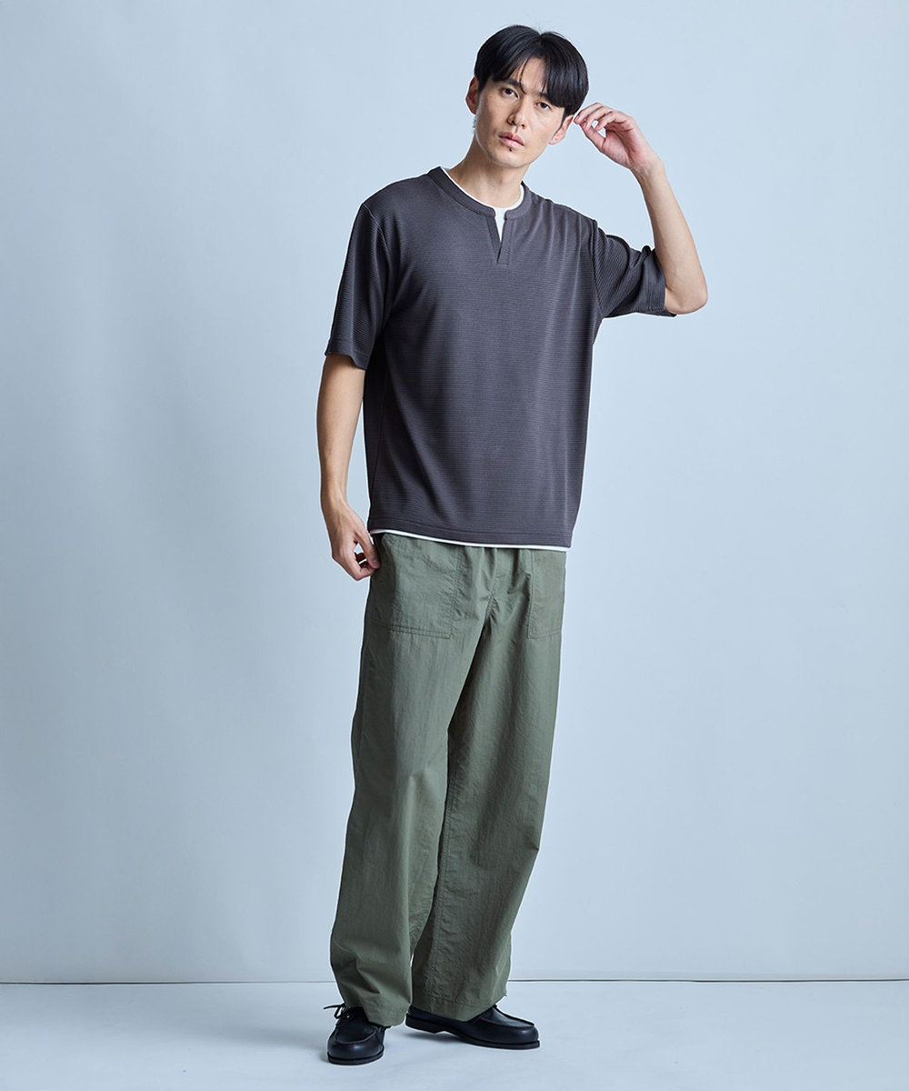 UNION STATION 	ミニワッフルキーネックレイヤードTシャツ チャコールグレー