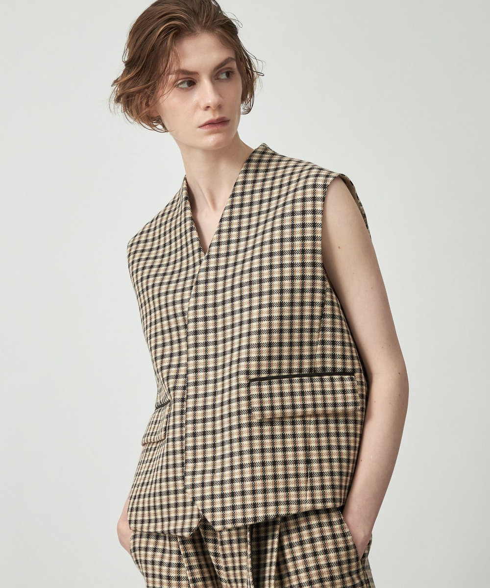 DÉPAREILLÉ WOOL CHECK GILET / ウールチェックジレ ブラウン系その他