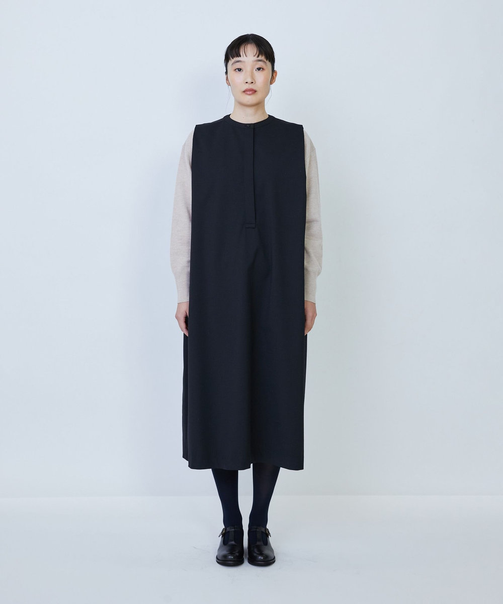 LOISIR ウール混ギャバスリーブレスワンピース ブラック