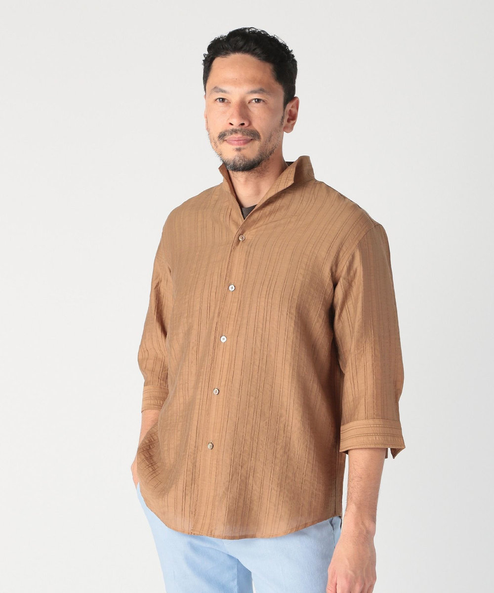 MEN'S BIGI 総柄シアージャカード7分袖オープンカラーシャツ ブラウン