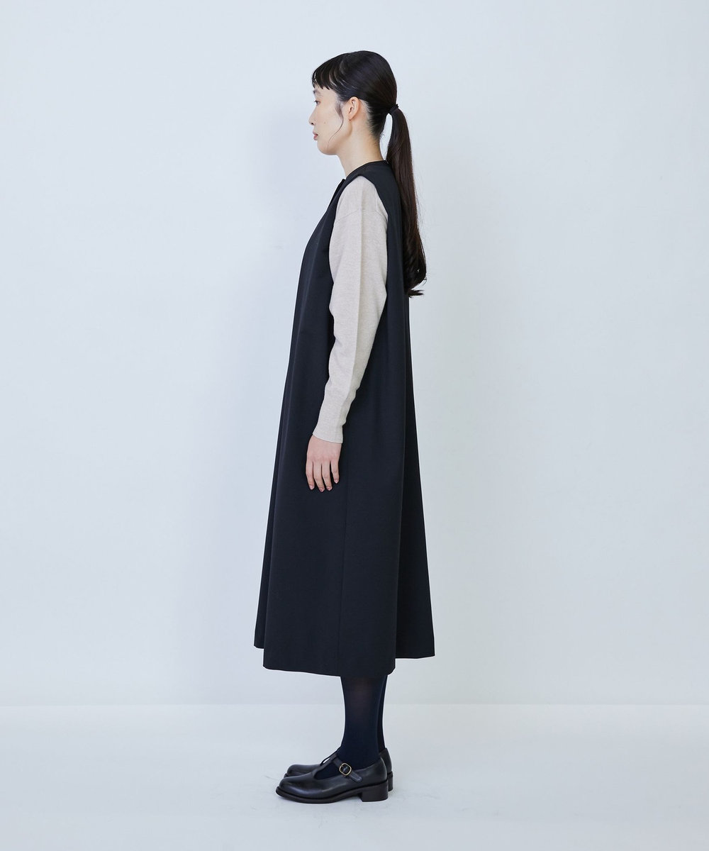 LOISIR ウール混ギャバスリーブレスワンピース ブラック