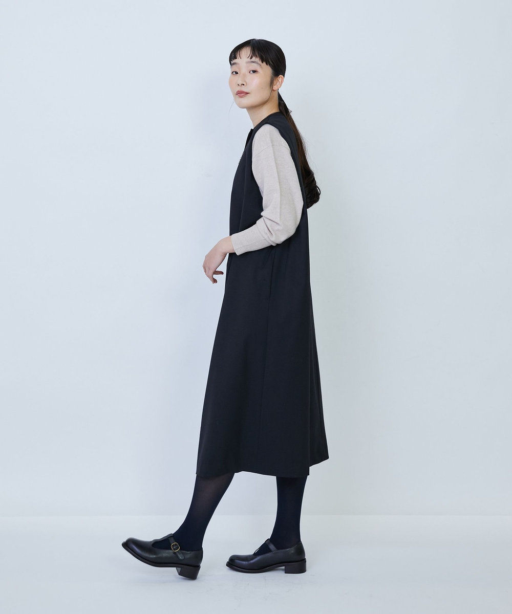 LOISIR ウール混ギャバスリーブレスワンピース ブラック