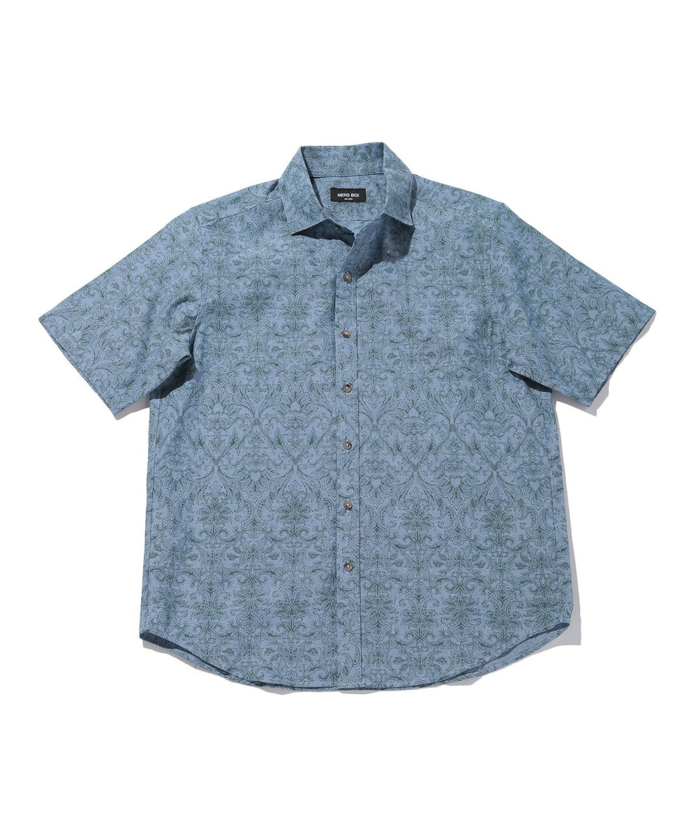 MEN'S BIGI コットンダンガリーエスニックプリント半袖シャツ ブルー系その他