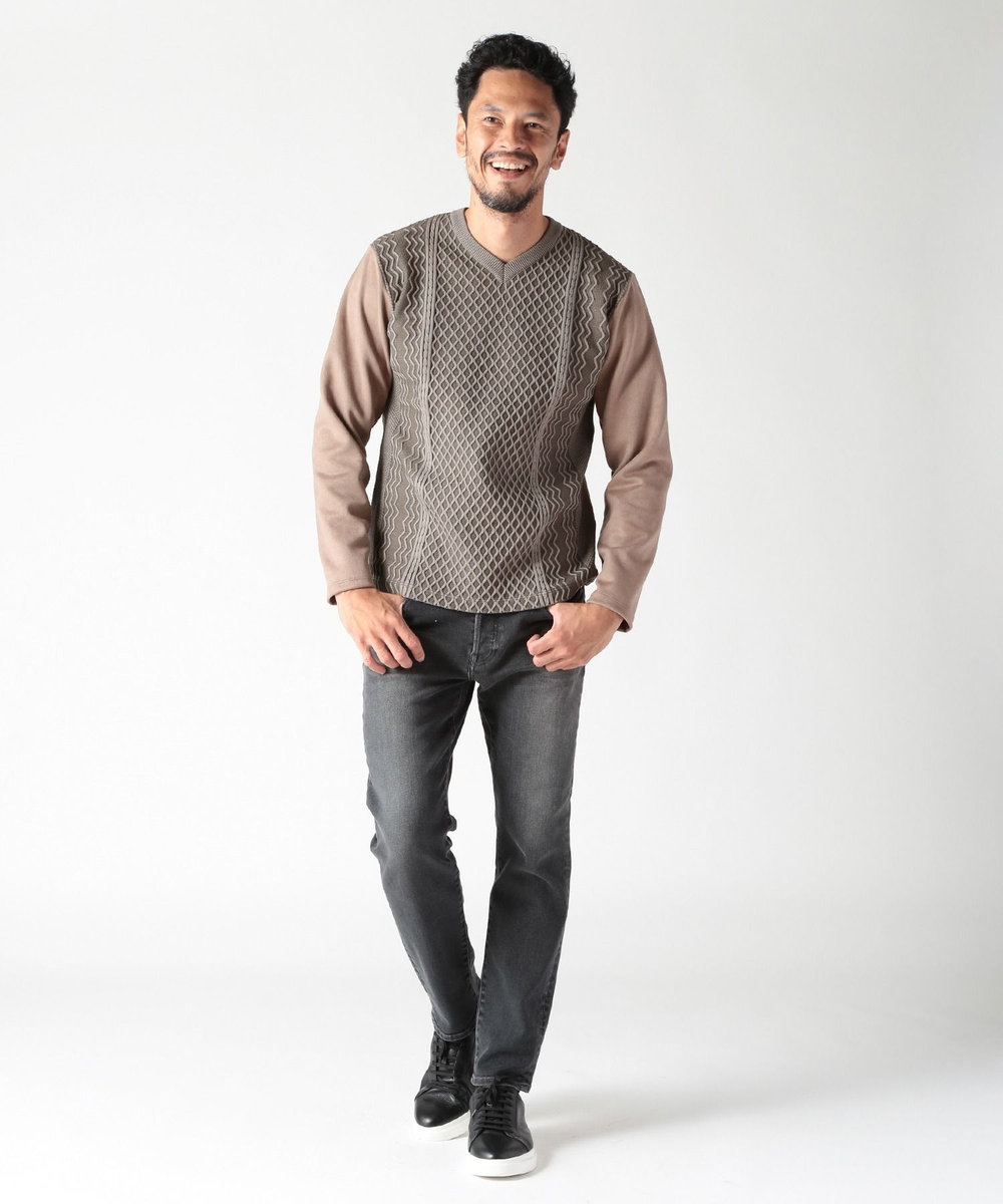 MEN'S BIGI ニット×フェイクスエードVネックカットソー ブラウン