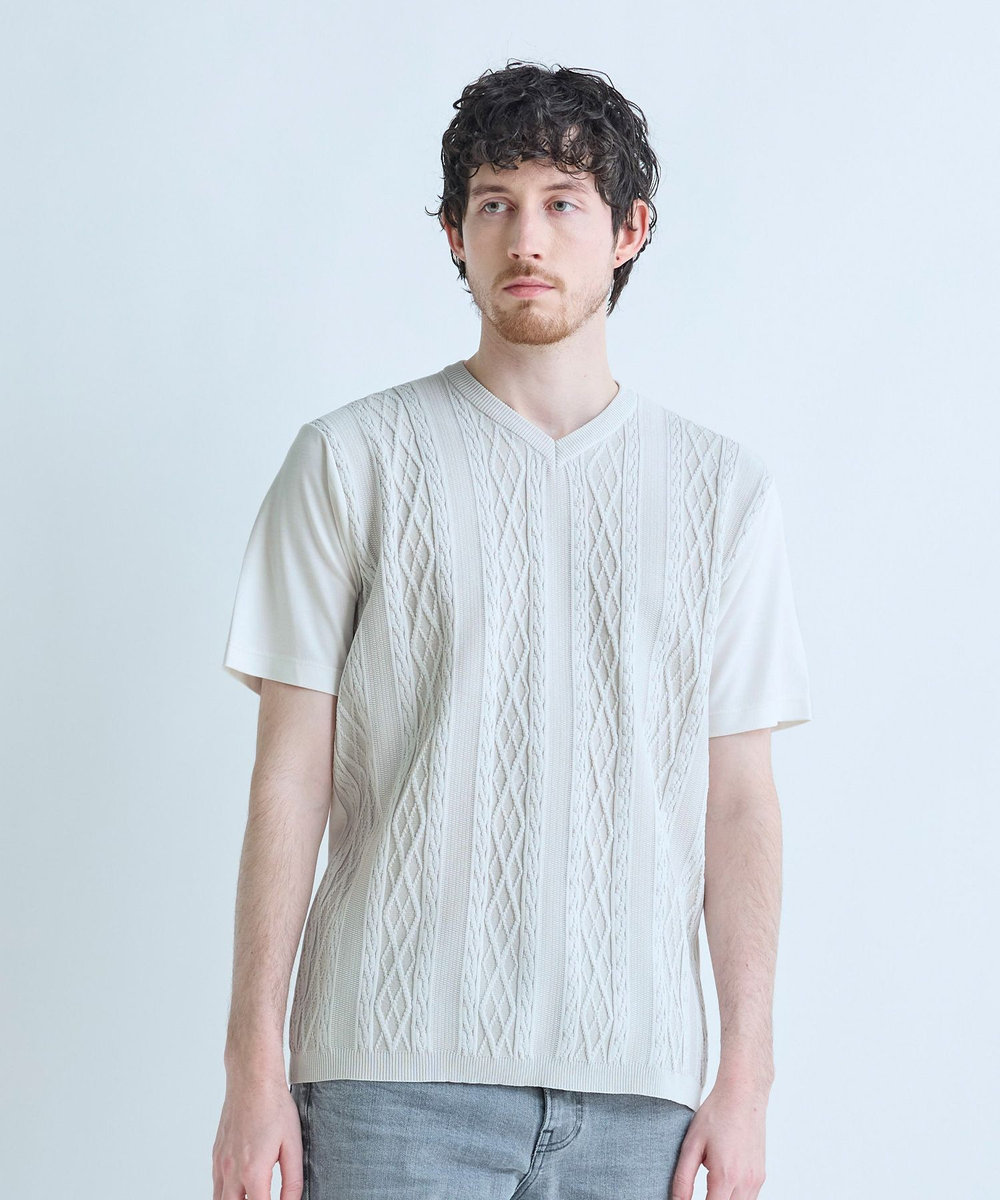 MEN'S BIGI アラン調 ニットコンビTシャツ オフホワイト