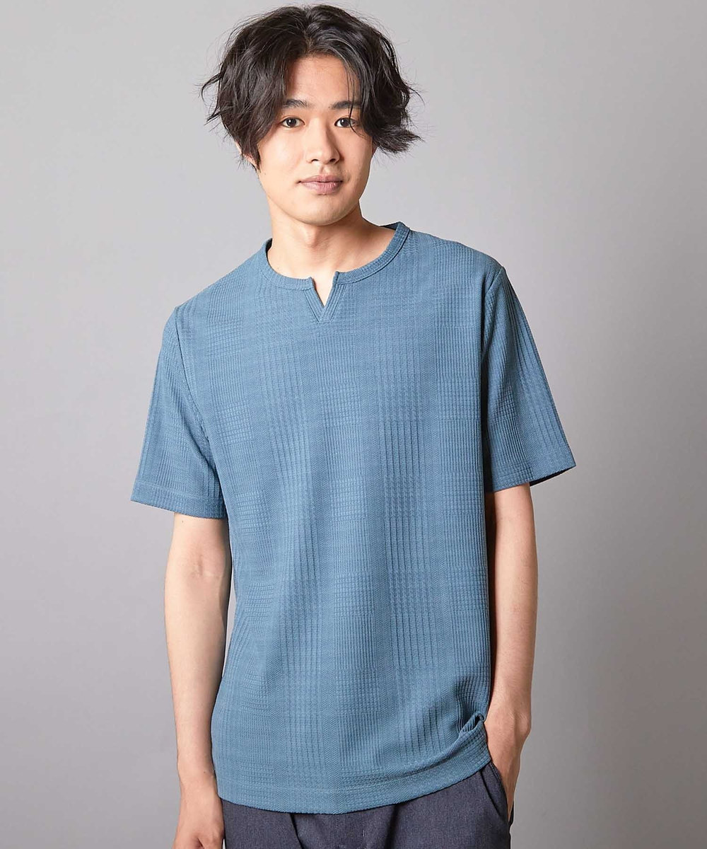 UNION STATION リンクスジャガード キーネックTシャツ ブルー