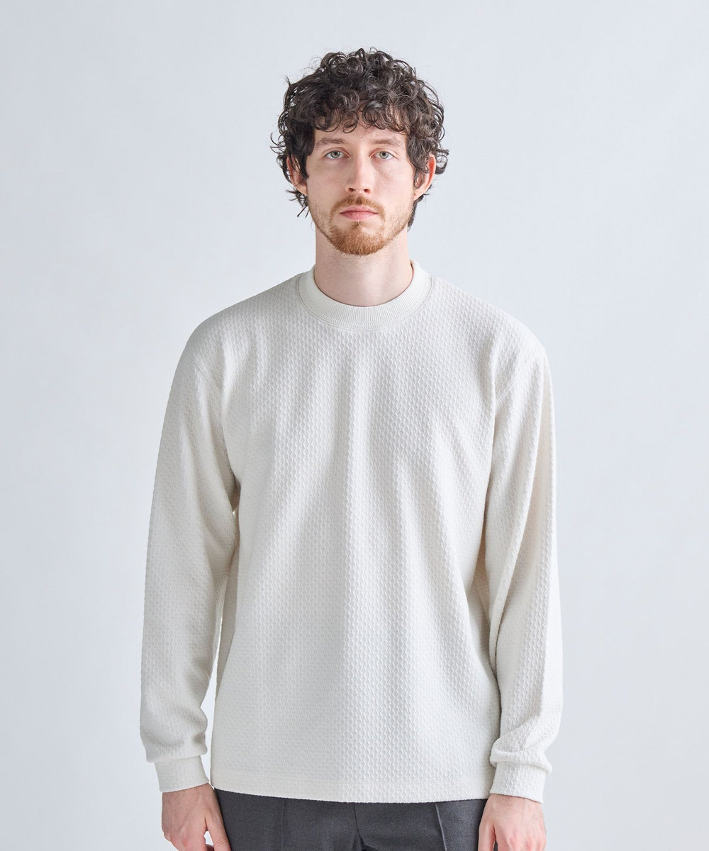 MEN'S BIGI ウール混フクレジャカード モックネックロングTEE［ストレッチ］ オフホワイト