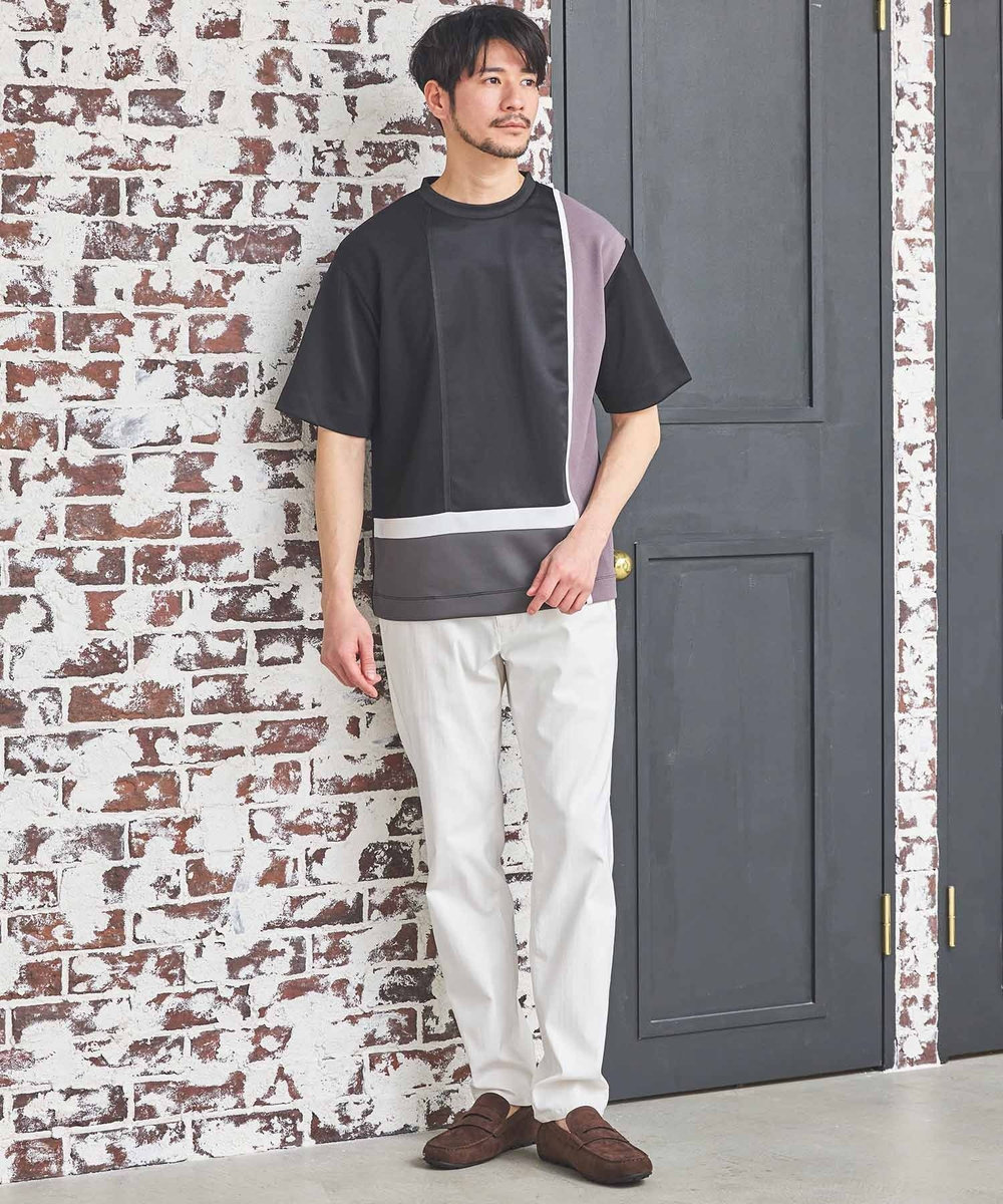 UNION STATION ポンチ×梨地Wフェイス切替Tシャツ ブラック