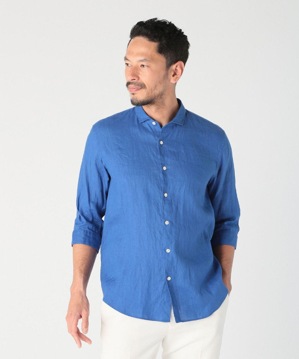 MEN'S BIGI NOVELTEX社リネン素材七分袖シャツ ブルー
