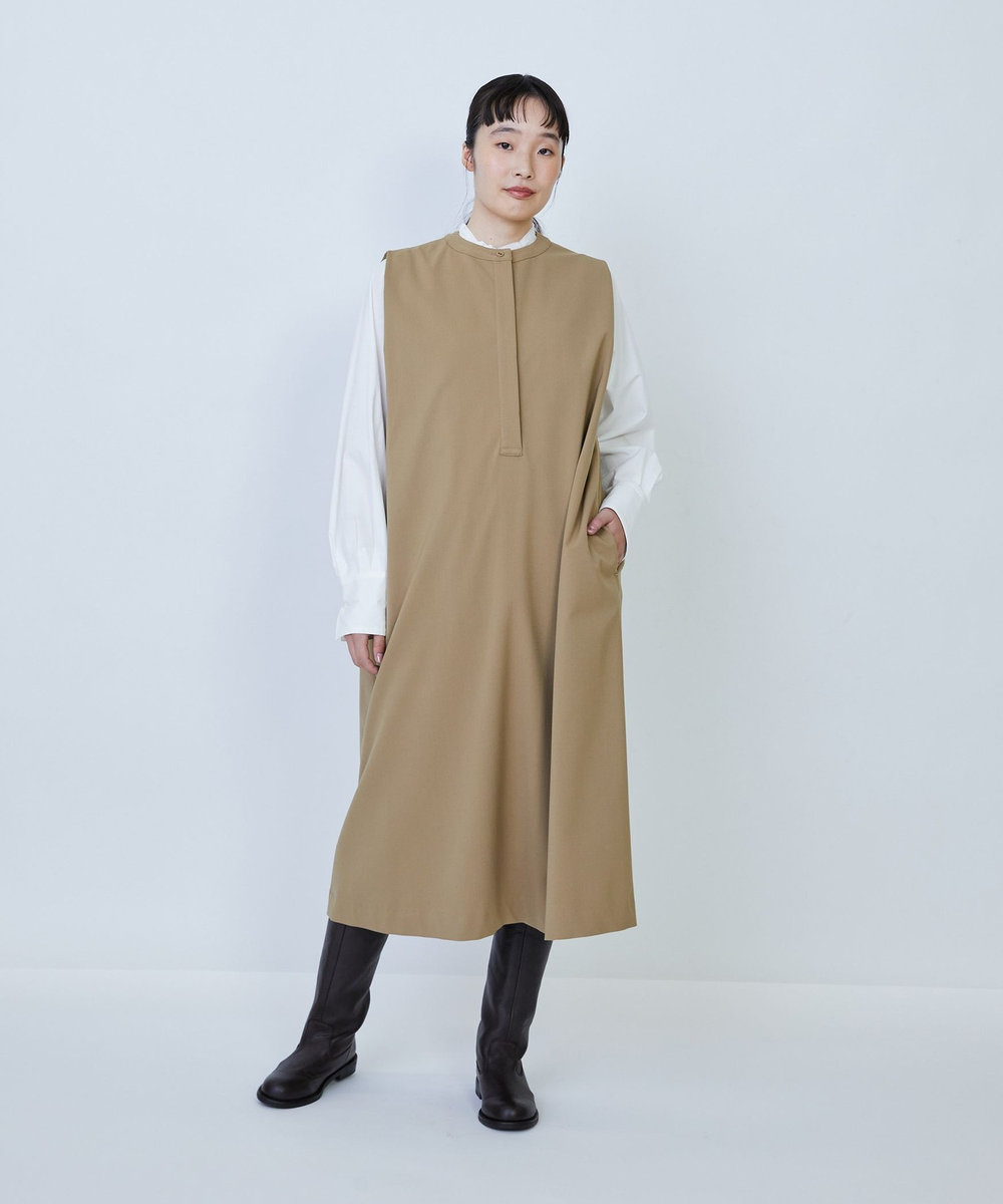 LOISIR ウール混ギャバスリーブレスワンピース ベージュ