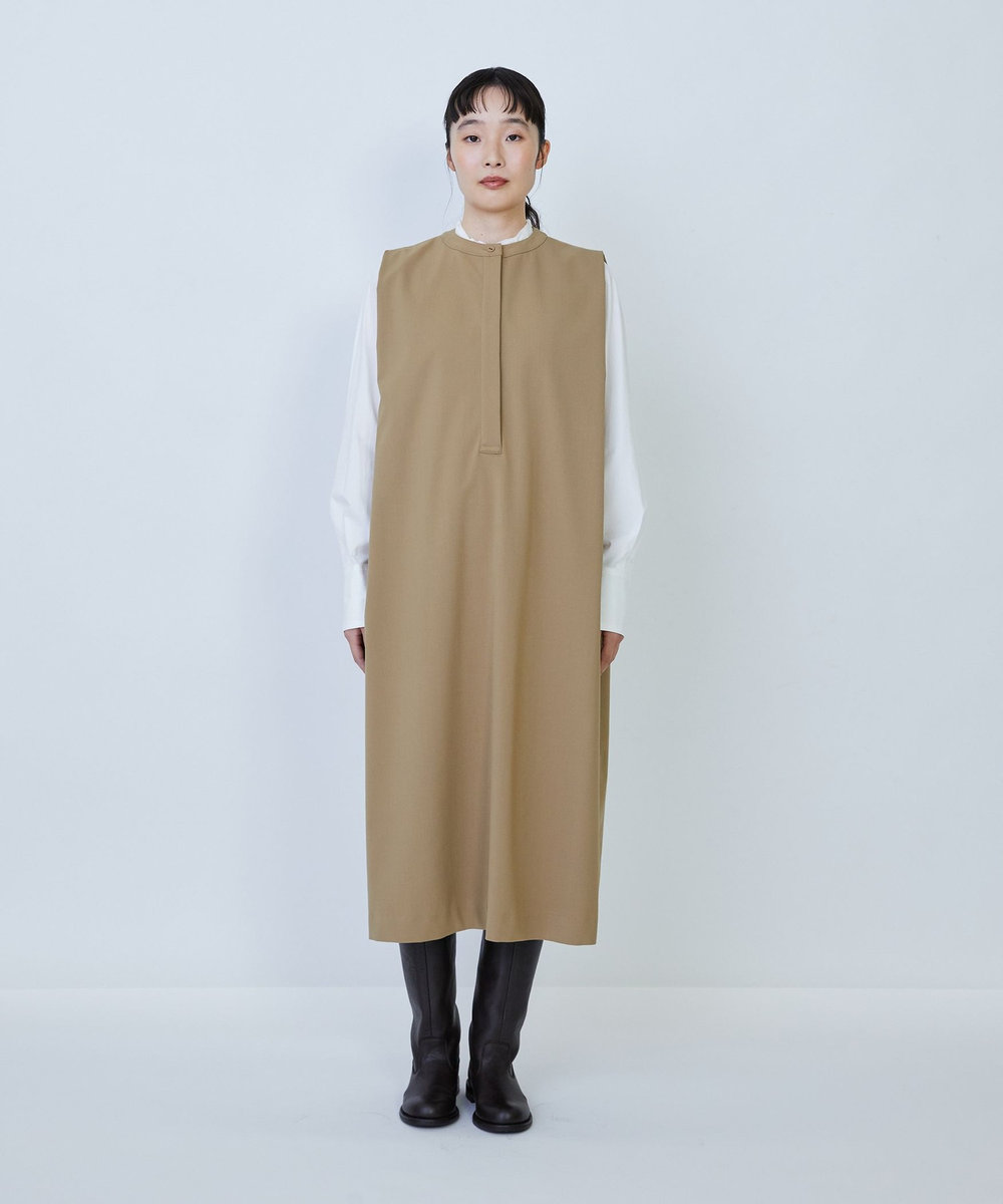 LOISIR ウール混ギャバスリーブレスワンピース ベージュ