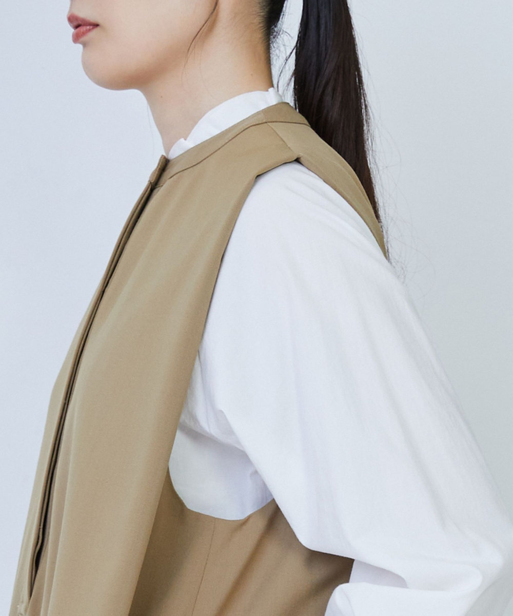 LOISIR ウール混ギャバスリーブレスワンピース ベージュ
