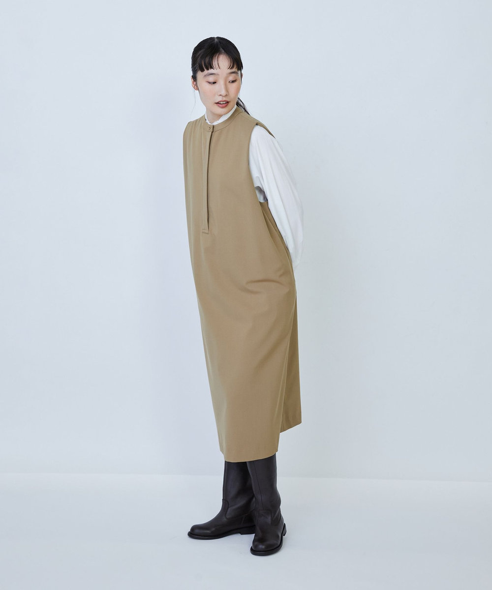 LOISIR ウール混ギャバスリーブレスワンピース ベージュ