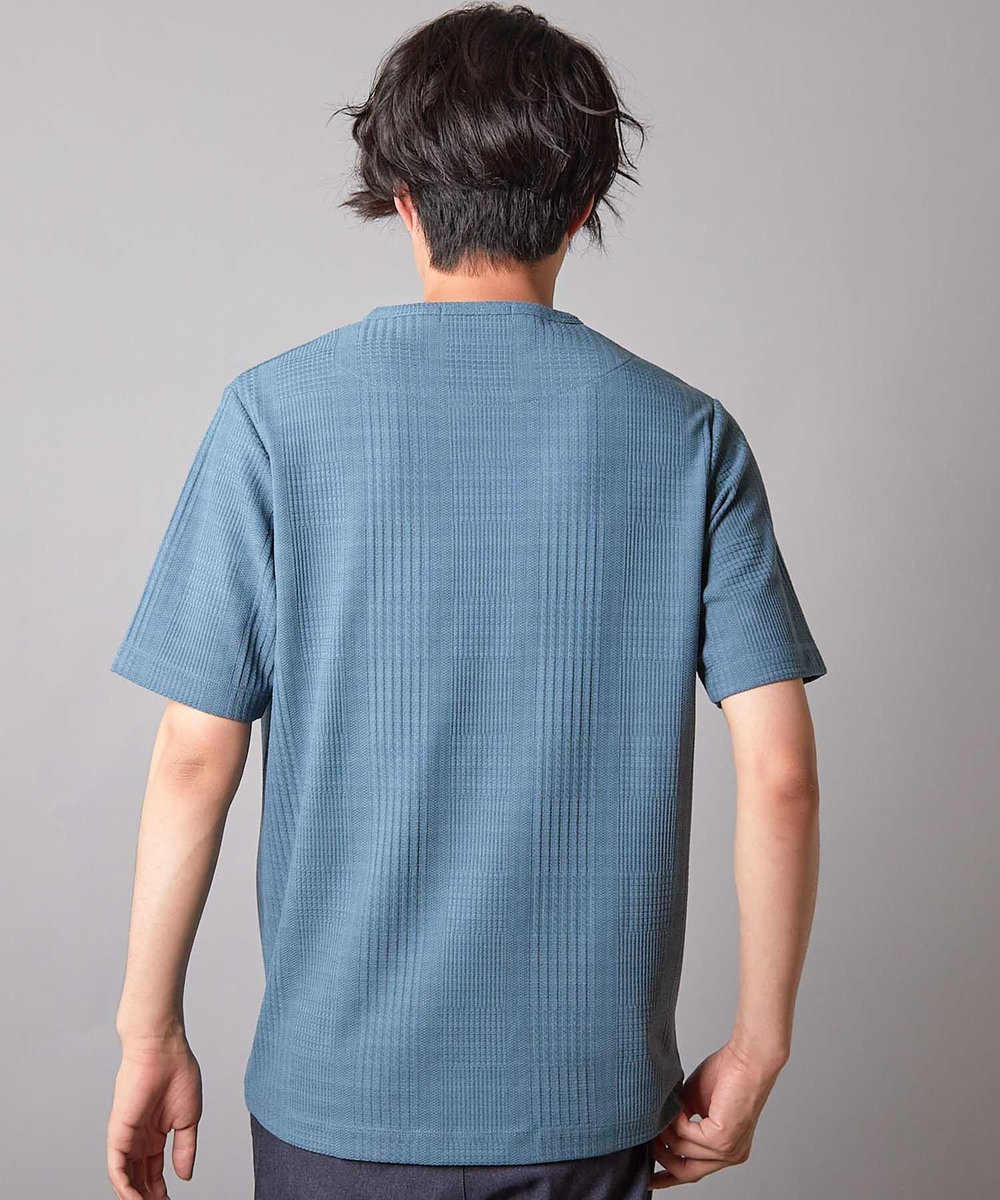 UNION STATION リンクスジャガード キーネックTシャツ ブルー