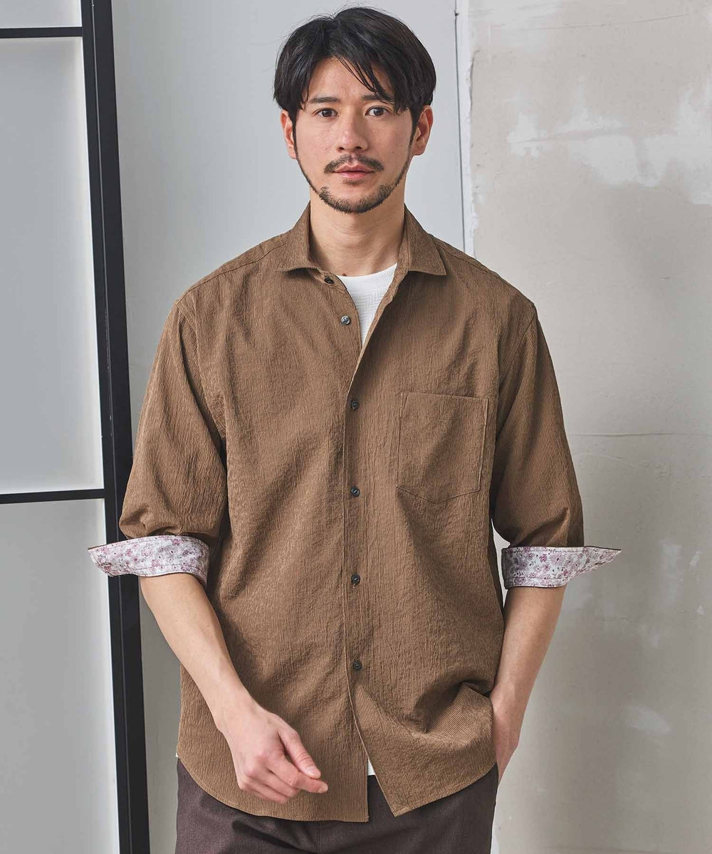 UNION STATION ナチュラルストレッチワッシャー七分袖ワイドカラーシャツ ブラウン